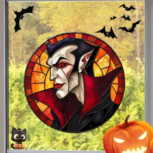Halloween Buntglas Fensteraufkleber, Vampir und Fledermaus Design, Festtags Deko Detail.