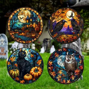 Halloween Buntglas Fensteraufkleber, 4 Stk runde gruselige Heimdekoration Glasfolie.