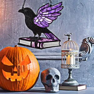 Halloween stained glass style acrylic crow hanging decoration for wall and window.