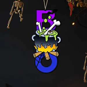 Halloween Holz Hängeschild gruselige BOO Türdeko mit Hexenkessel und Skelett Motiven.