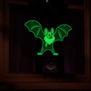Halloween hanging luminous bat decoration, glowing green bat prop for holiday party spooky vibe.