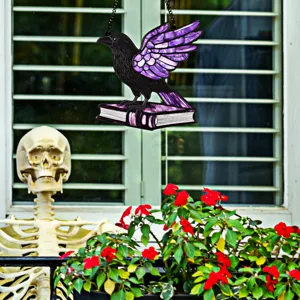 Halloween acrylic raven on book hanging ornament, fluorescent window wall decor pendant.