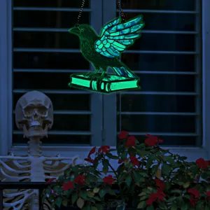 Halloween fluorescent acrylic crow hanging decoration spooky raven on book window party prop