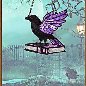 Halloween acrylic raven hanging decoration with purple wings on book for wall window decor