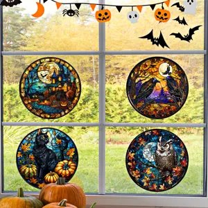 Halloween Buntglas Fensteraufkleber, runde gruselige Aufkleber fuer Feiertags Glasdeko.