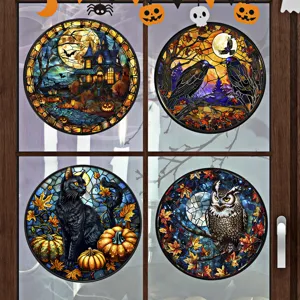 Halloween Buntglas Fensteraufkleber, runde dekorative elektrostatische Glasfolie für Feier.