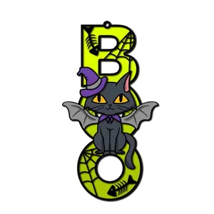 Halloween Holz BOO Hängeschild mit süßer schwarzer Katze Hexenhut doppellagige Partydeko