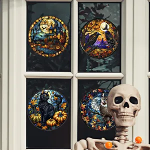 Halloween runde Buntglas Fenstermotive gruselige schwarze Katze Eule Raabe Dekoration