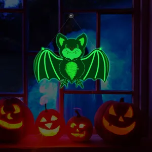 Halloween glowing bat hanging decoration detail, luminous wall sticker for holiday spooky party.