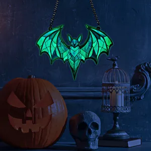 Halloween glowing acrylic bat hanging decoration, festive wall pendant for home decor.
