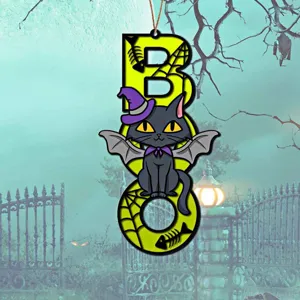 Halloween Holz BOO Hängeschild mit schwarzer Katze Hexenhut gruselige Party Deko