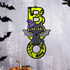Halloween Holz BOO Hängeschild mit schwarzer Katze, ideal für gruselige Wand Party Dekoration.