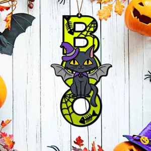 Halloween Holz Hängeschild BOO Schwarze Katze Hexenhut Türschild Party Festival Deko