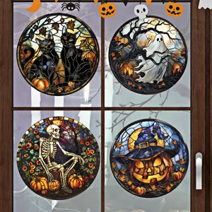 Halloween Buntglas Fensteraufkleber Detail zeigt vier runde festliche Urlaubsdesigns.