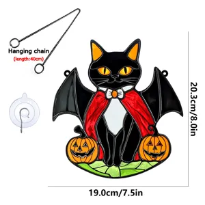 Halloween black cat acrylic hanging decoration with bat wings and pumpkins, 20.3x19cm.