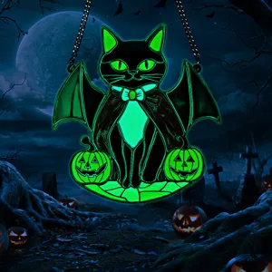 Halloween fluorescent acrylic hanging black cat pendant wall decor with glowing pumpkin details.