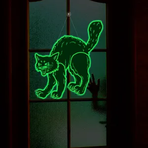 Halloween glowing black cat window sticker hanging decor luminous spooky party prop detail view.