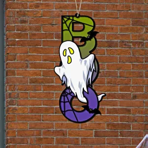 Halloween Holz BOO Hängeschild mit süßem Geist und Fledermäusen für tolle Partydeko.