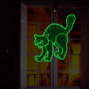Halloween glowing cat window hanging decoration, spooky green luminous wall sticker for party.
