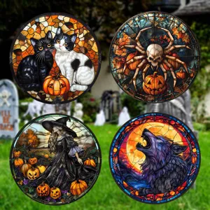 Halloween Fensteraufkleber Buntglas runde Sticker Kürbis Katze Hexe Totenkopf Wolf