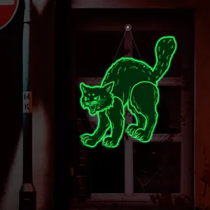 Halloween glowing black cat hanging decoration, spooky luminous wall sticker for party.
