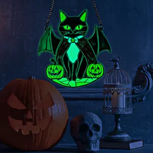 Halloween glowing acrylic black cat bat wall hanging pendant for spooky home party decor