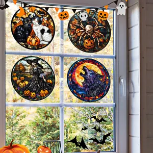 Halloween Buntglas Fensteraufkleber Dekoration gruselige Katze Hexe Totenkopf Fensterfolie