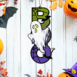 Halloween Holzschild BOO hängende Deko mit Geist und Fledermäusen für gruselige Party.