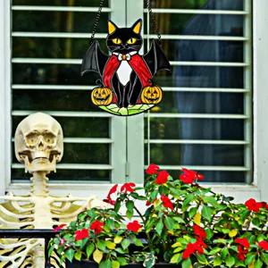 Halloween acrylic cat hanging decoration, vampire cat design with bat wings and pumpkins.
