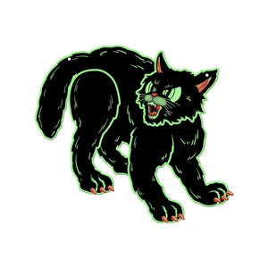 Halloween glowing black cat wall sticker, vintage tattoo style spooky hanging decor for party.