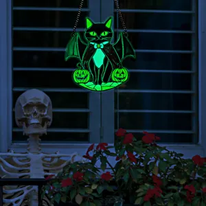Halloween fluorescent acrylic cat wall hanging detail, glowing bat wings pendant decor.