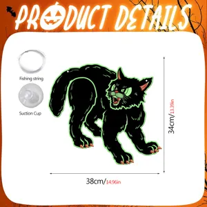 Halloween glowing black cat wall sticker detail view showing size dimensions and hanging accessories.