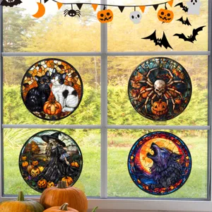 Halloween Buntglas Fensteraufkleber, Katze Totenkopf Hexe Aufkleber fur Festtag.
