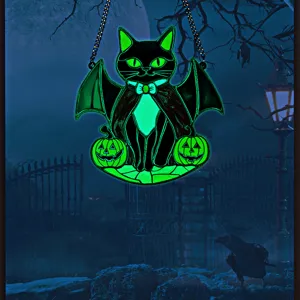 Halloween glowing acrylic cat hanging decoration, spooky bat pumpkin wall pendant for party.
