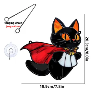 Halloween stained acrylic black cat vampire window hanging with chain and suction cup.