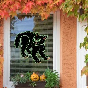 Halloween glowing black cat window sticker, double sided luminous decor for home party.