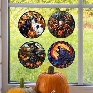 Halloween Buntglas Fensteraufkleber, schauriges Katzen- und Wolfsdesign Detail.