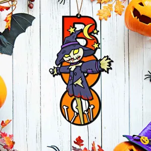 Detailansicht des Halloween Holz BOO Hängeschilds, doppelseitige Weihnachts Wanddeko.