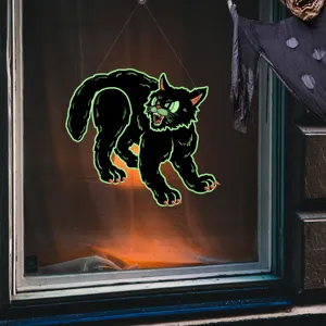 Halloween black cat window sticker, glowing luminous wall cling for holiday party decor.