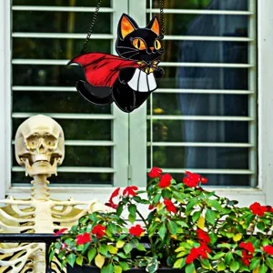 Halloween black cat acrylic hanging ornament spooky vampire cat decor for window wall.