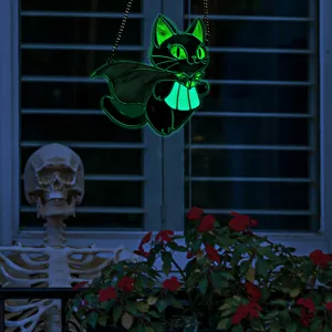 Halloween glowing acrylic black cat hanging pendant window party indoor wall decor.
