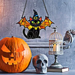 Halloween stained glass black cat window hanging with bat wings and witch hat for home decor