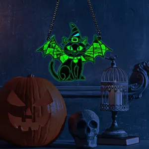 Halloween fluorescent acrylic cat bat hanging pendant, perfect wall decoration for holiday parties.