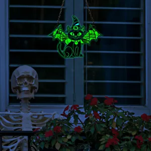 Halloween glowing black cat with bat wings acrylic hanging decoration detail view