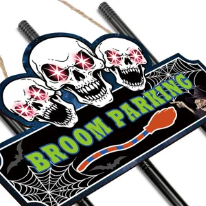 Halloween witch broom parking wooden sign hanging decoration with spooky skull design.