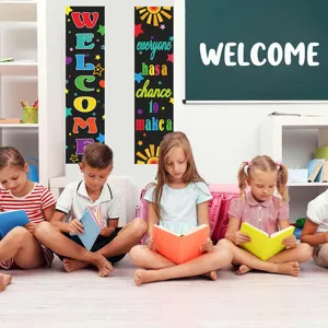 Classroom decoration banner scene showing colorful welcome back to school posters displayed.