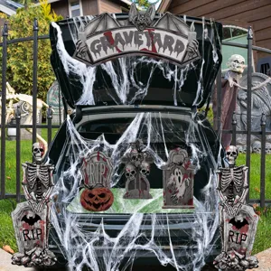 Halloween trunk or treat decoration set with skeletons tombstones spider webs for car party.