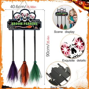 Halloween witch broom parking wooden hanging sign detail, showcasing size and skull decorations.