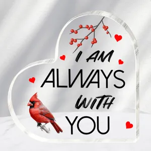 Transparant acryl hart plaquette met kardinaal vogel en liefdestekst cadeau voor Valentijnsdag
