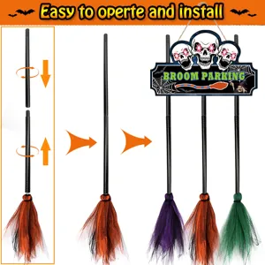 Halloween witch broom parking sign hanging wooden decoration party prop holiday set